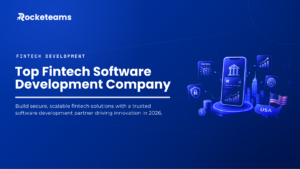 Top fintech software development company in the USA, showing a secure fintech mobile banking app and US market icons