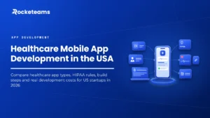 Healthcare mobile app development in the USA, showing a patient app on a smartphone connected to cards for telehealth, doctor profiles, health records, HIPAA security, heart rate, appointments and medication
