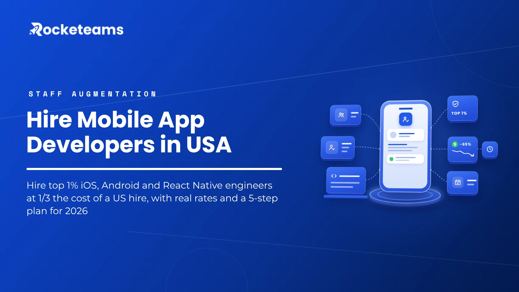 Hire mobile app developers in USA guide, showing a mobile app on a phone connected to cards for a remote dev team, a vetted developer, code, a top 1% badge, a cost savings chart and a sprint calendar