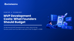MVP development costs and budgeting guide for founders, featuring a mobile app prototype, development tools, analytics, and launch roadmap.