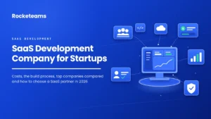SaaS development company for US startups, showing a SaaS dashboard on a monitor connected to cards for the team, code, cloud hosting, subscription billing, analytics, user roles and security
