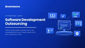 Software development outsourcing guide for US startups, showing a remote engineering team connected to a code screen, cost chart, sprint board and security shield