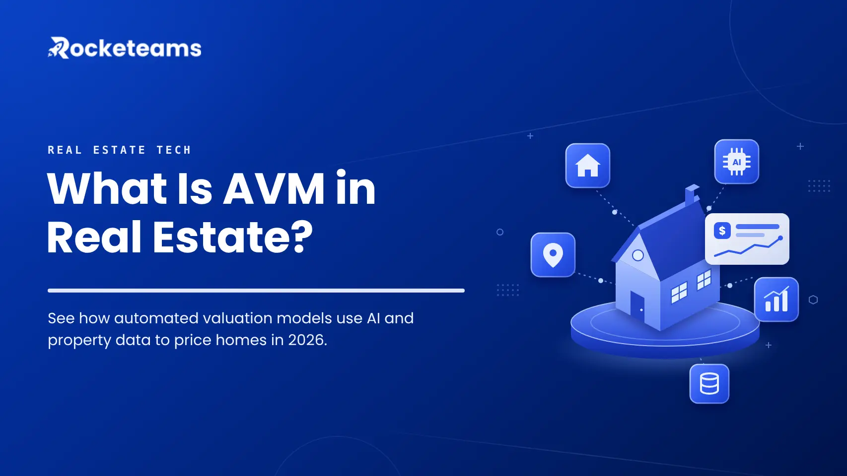 What is AVM in real estate, showing an AI automated valuation model pricing a house with property data and value charts